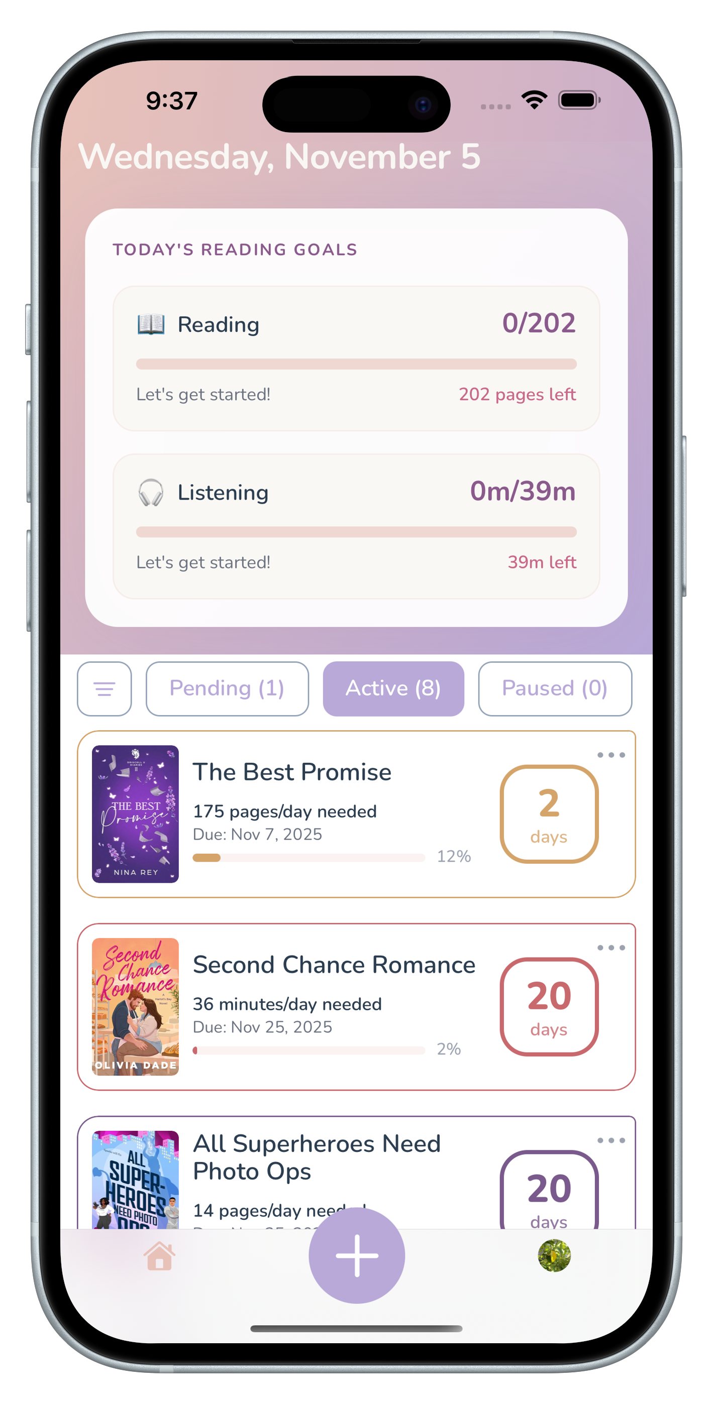 ShelfControl app showing book tracking with due dates and what you need per day
